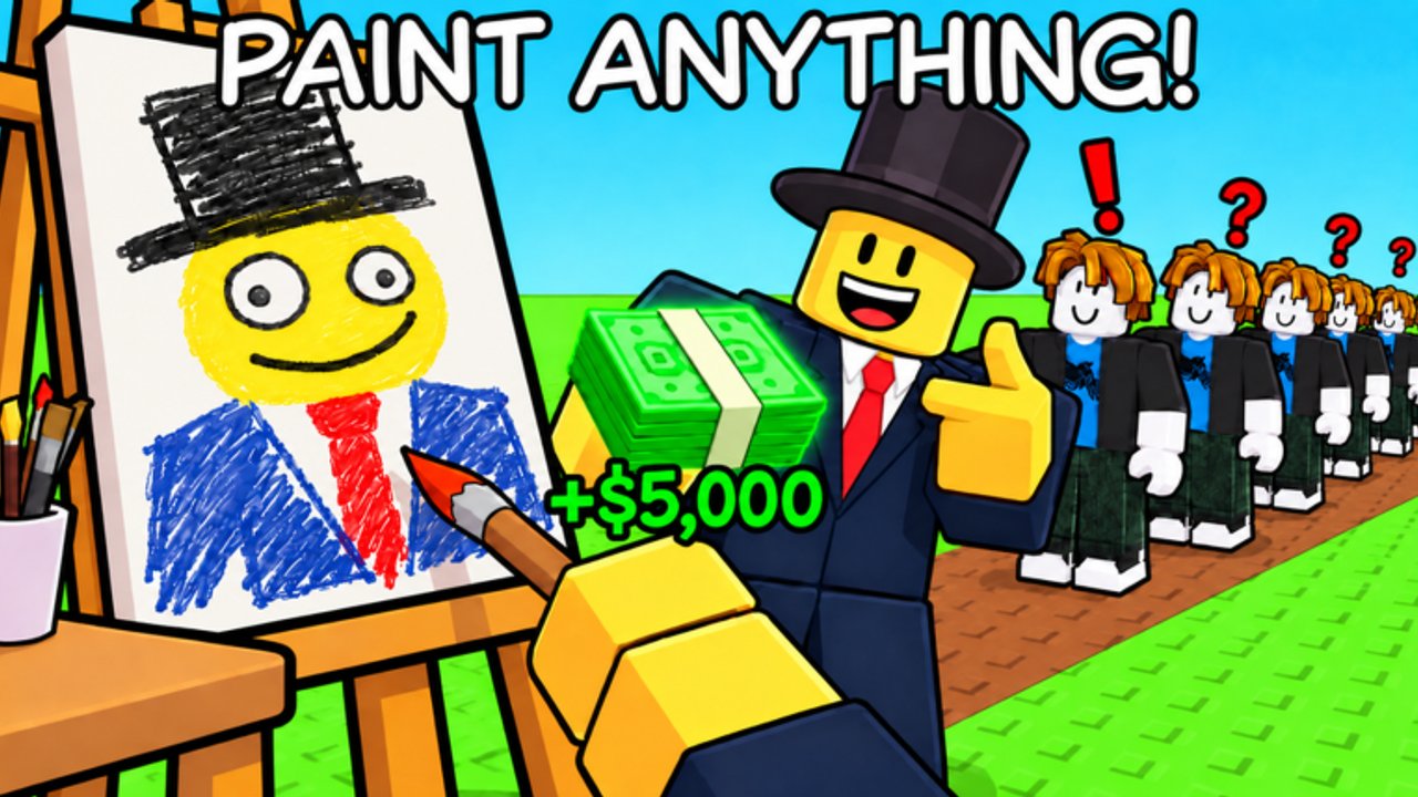 Paint to Get Rich studio with a player painting on a canvas easel in Artist Alley
